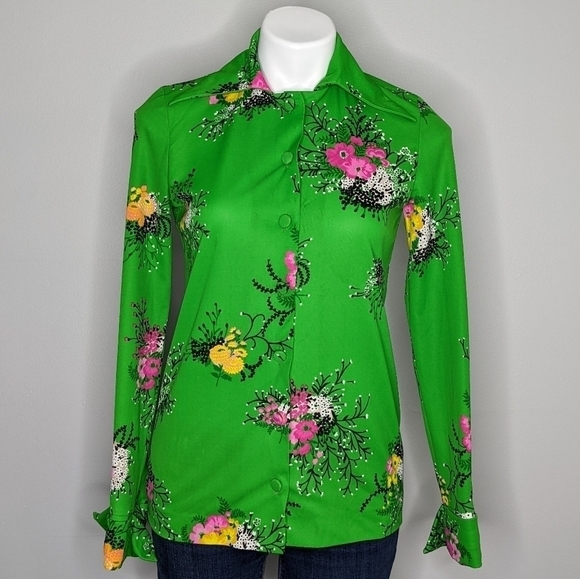 Vintage Caron green floral button up M - Picture 1 of 9